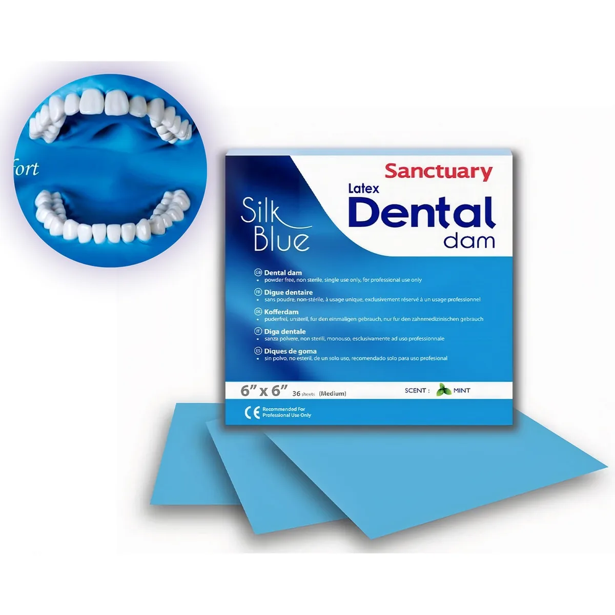 Хустки для кофердама латексні Sanctuary Dental Dam Silk Blue (Санктуарі Сілк Блю), колір блакитний, товщина медіум, аромат мʼятний, розмір 152х152 мм, 36 шт