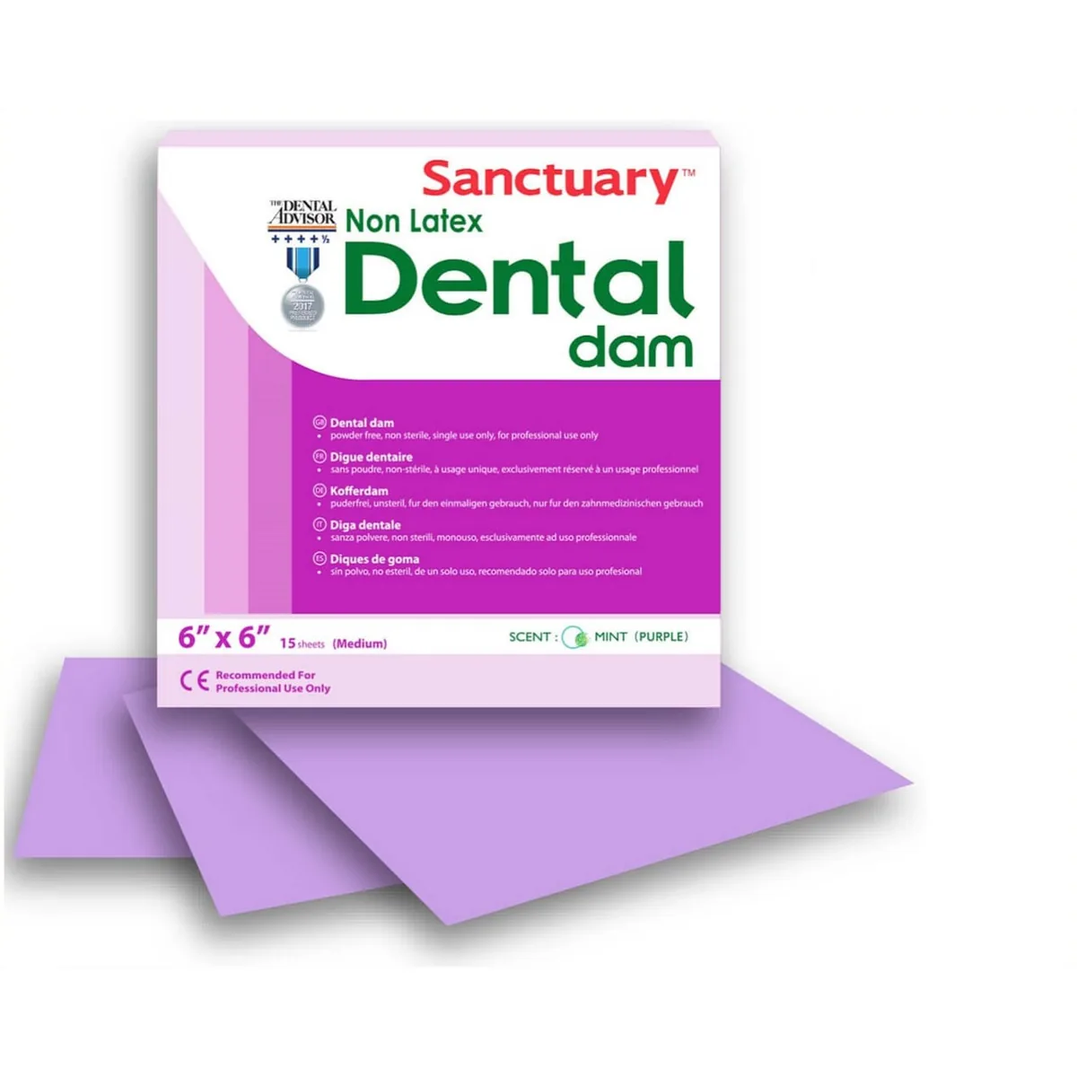 Хустки для кофердама безлатексні Sanctuary Non Latex (Санктуарі Нон Латекс), Dental Dam, Малайзія, колір фіолетовий, гіпоалергенні, з мʼятним ароматом