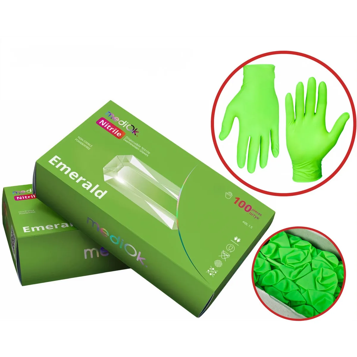 Рукавички нітрилові MediOk Emerald (МедіОк Емералд), зелені, розмір XS, 100 шт. (AMPri)