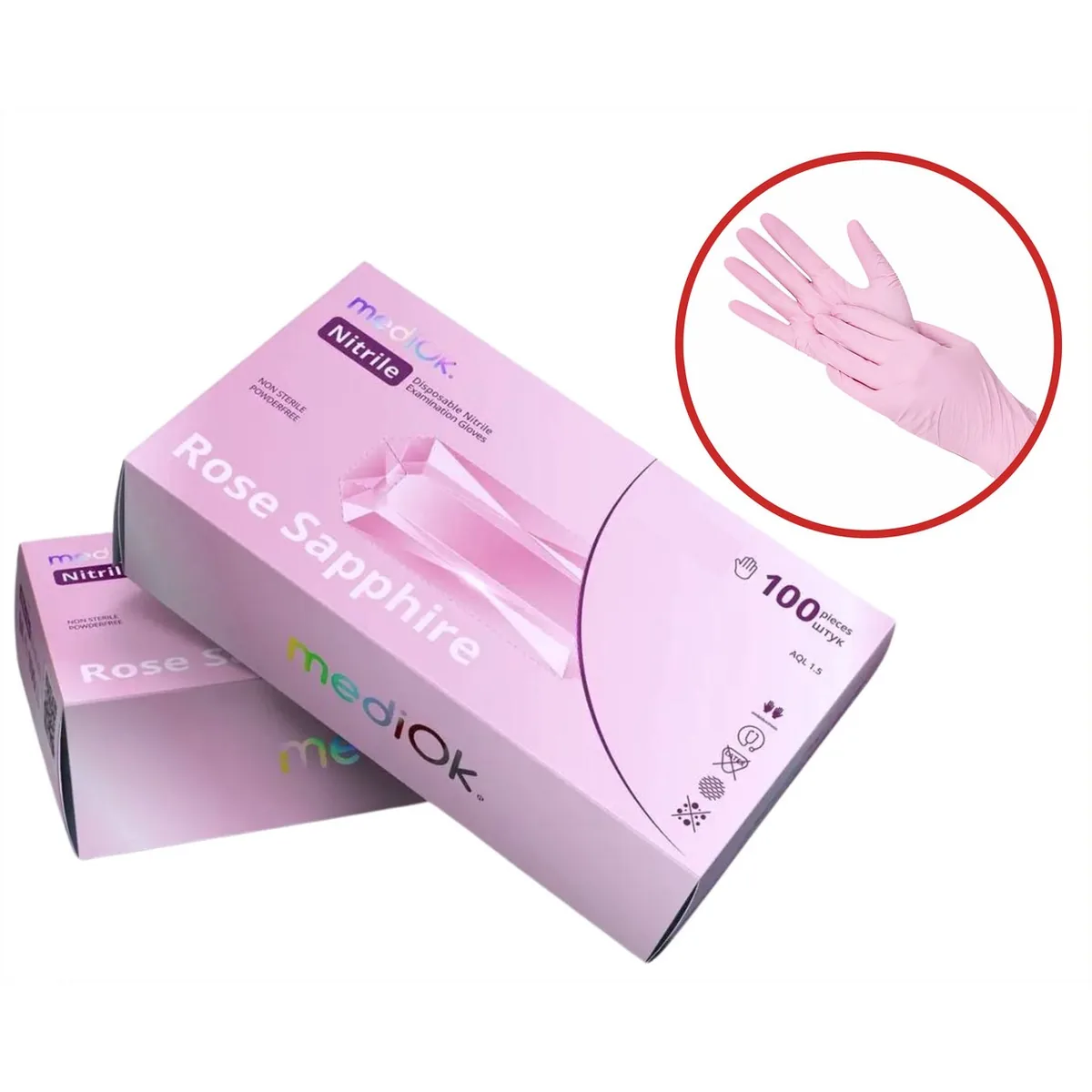 Рукавички нітрилові MediOk Rose Sapphire (Роуз Сапфір), світло-рожеві, розмір M, 100 шт. (AMPri)