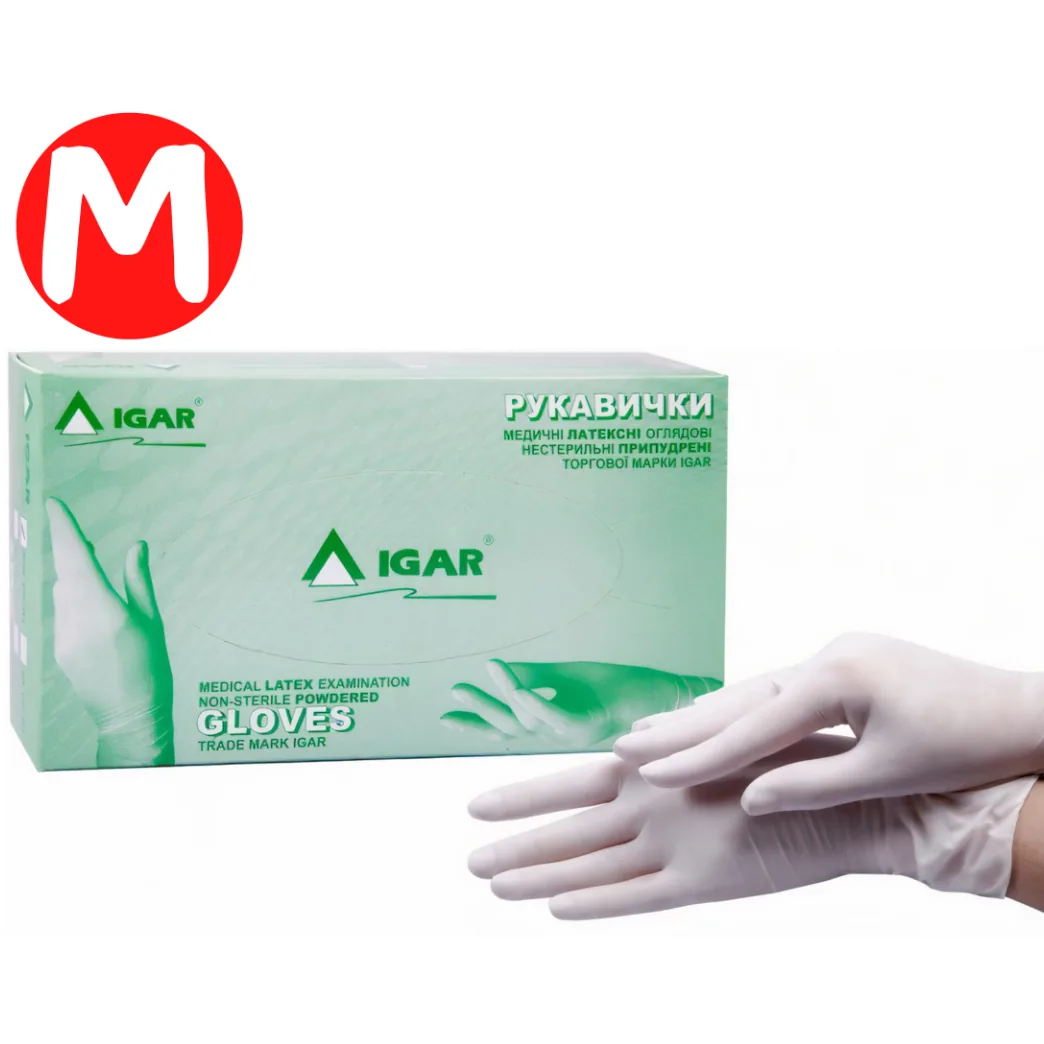 Рукавички латексні припудрені IGAR Latex (Айгар), розмір M, 100 шт./50 пар (IGAR)