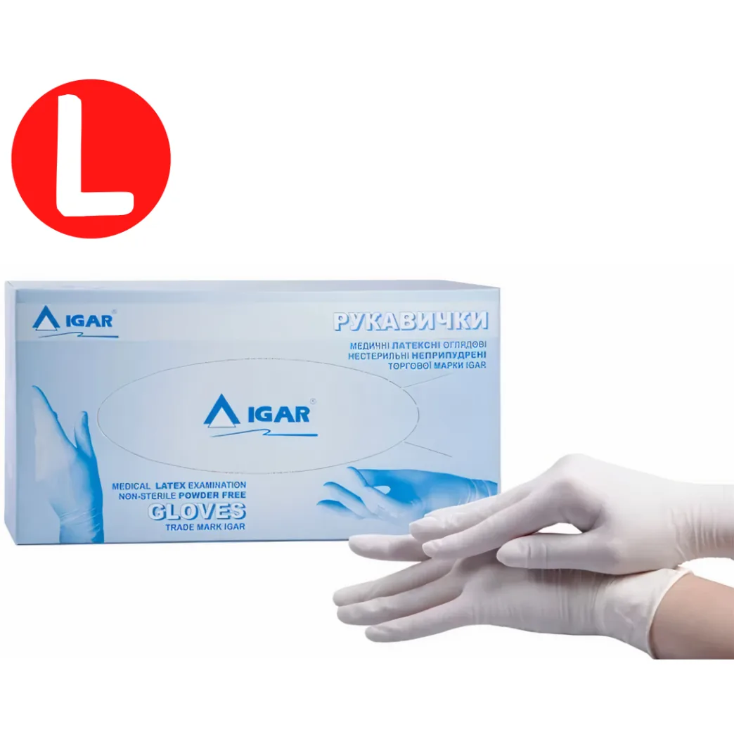 Рукавички латексні неприпудрені IGAR Latex (Айгар), розмір L, 100 шт./50 пар (IGAR)