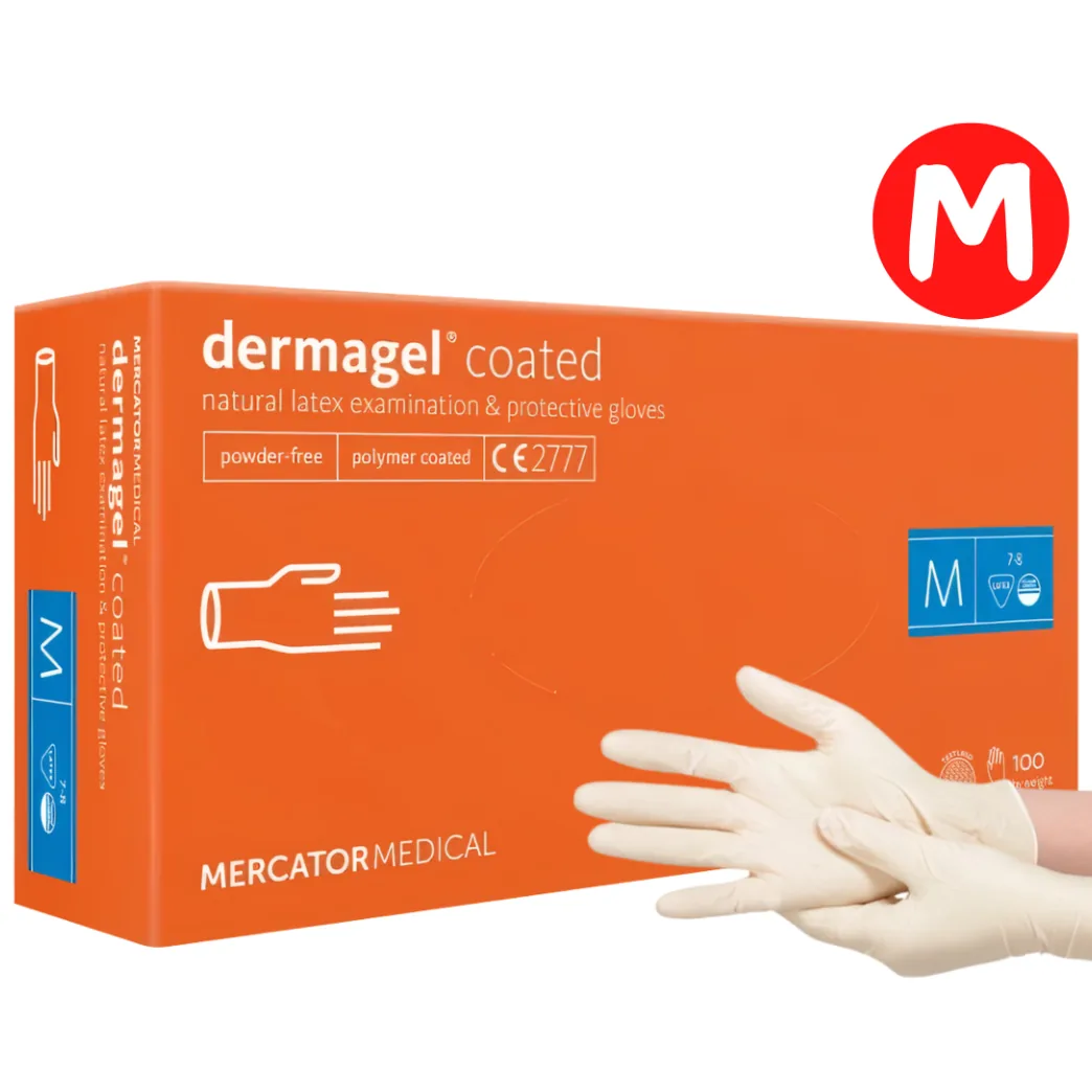 Рукавички латексні Dermagel Coated (Дермагель Коатед), білі, неопудрені, розмір M, 100 шт. (Mercator Medical)