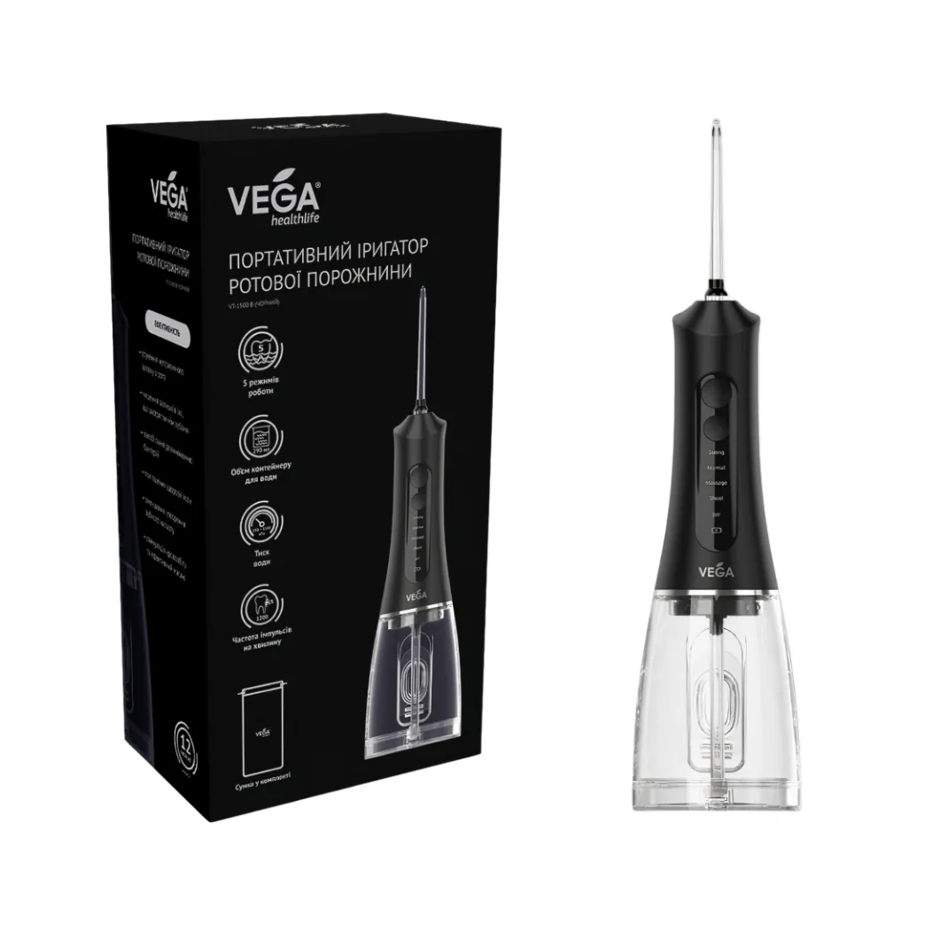 Іригатор ротової порожнини Vega VT-1500 (Вега), компактний, колір чорний