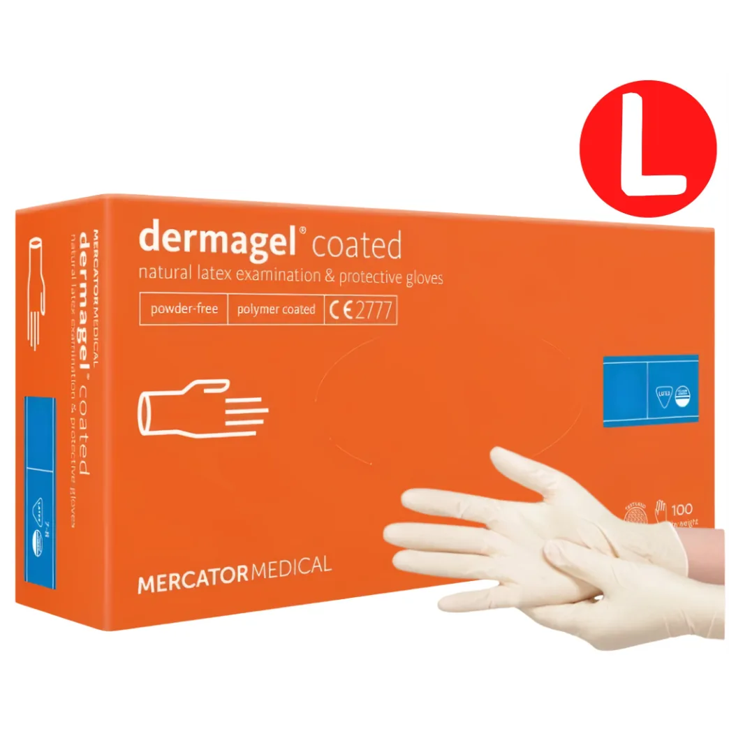 Рукавички латексні Dermagel Coated (Дермагель Коатед), білі, неопудрені, розмір L, 100 шт. (Mercator Medical)