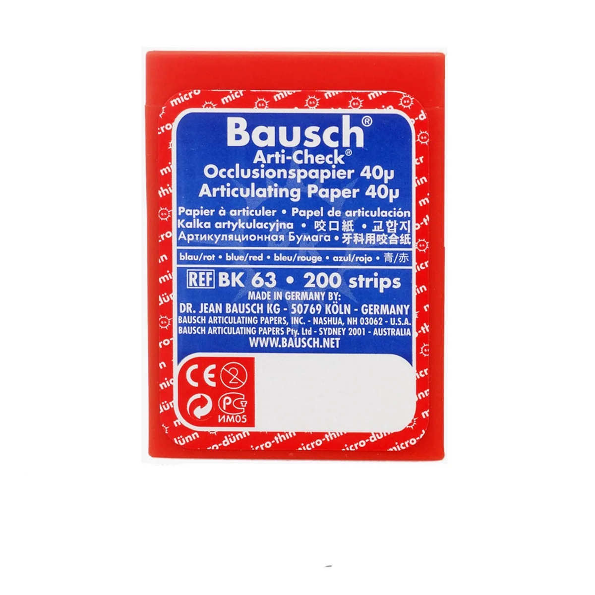 Оклюзійний папір Bausch BK63 (Бауш), 40 мкм, дугоподібний, 200 смужок, пластиковий корпус
